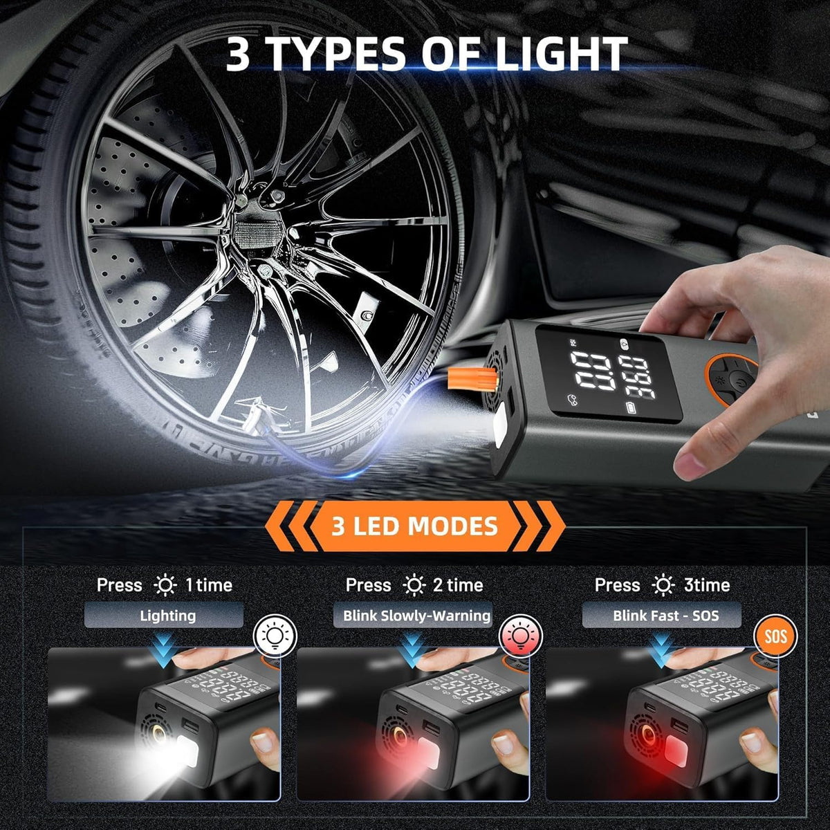 Tire Inflator Portable Air Compressor, 150 PSI Cordless Bike Pump, Air Pump for Auto, Motorcycle, Bicycle, Balls with Pressure Gauge, LED Light & Accessories, Cigarette Lighter Power Cord, Gray