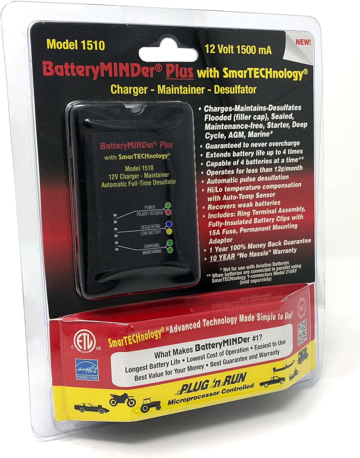 BatteryMINDer 1510 12 Volt-1.5 Amp Smart Battery Charger, Maintainer & Desulfator, Automatic Trickle Charger for Car, Motorcycle, Marine Batteries Ideal for Winter & Long-Term Storage