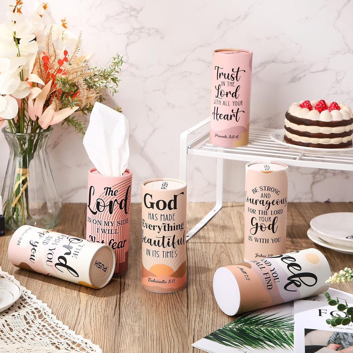 Outus 12 Pack Christian Car Tissues Cylinder Holder with Facial Tissue Bulk Round Bible Verses Napkins Container for Car Home Travel Prayer Church Gifts, 6 Designs