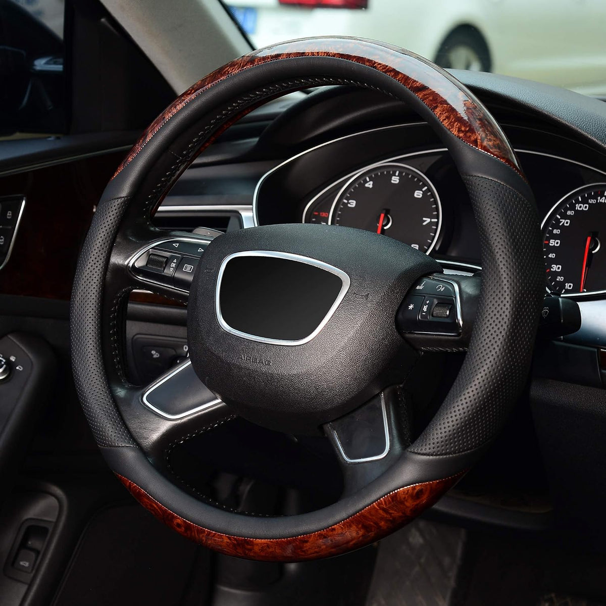 KAFEEK Wood Grain Steering Wheel Cover, Microfiber Leather, 15 Inch