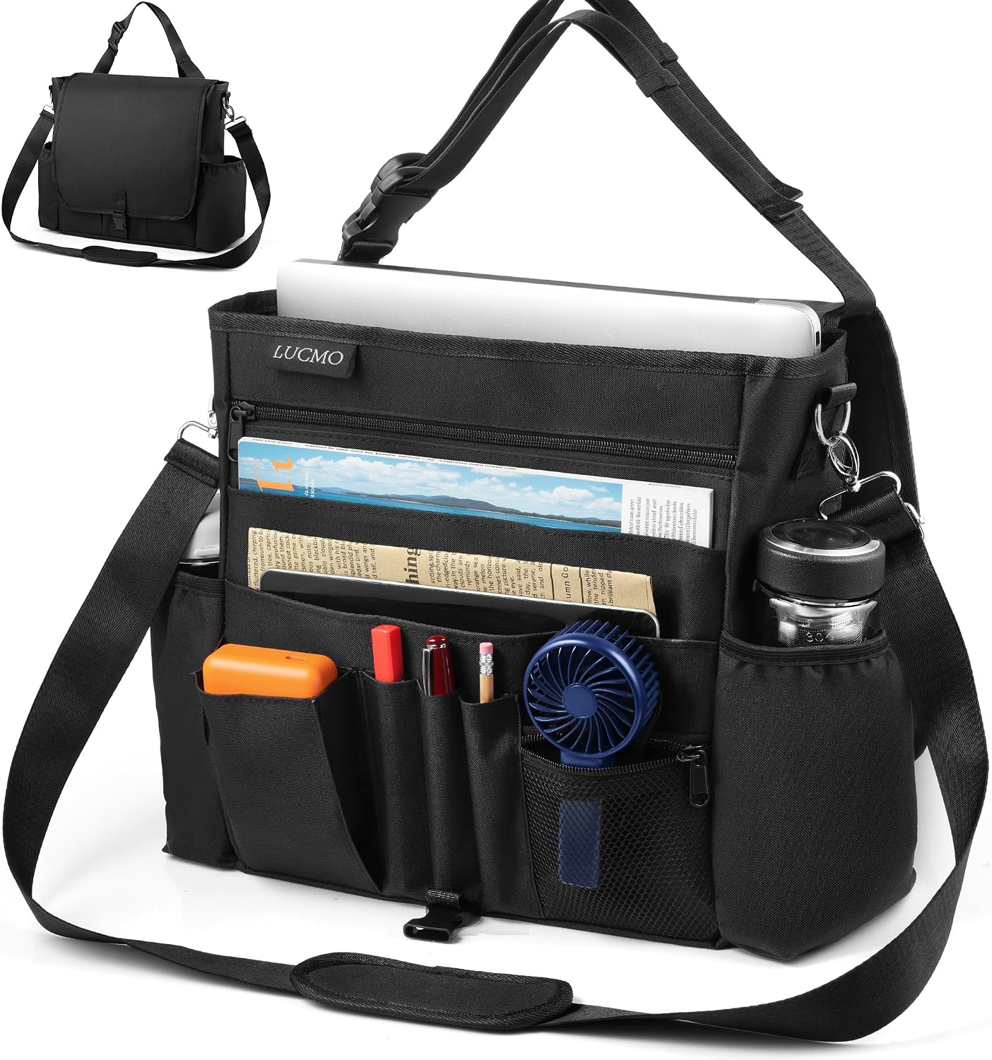 LUCMO Car Seat Organizer with Tablet and Laptop Compartment, Multiple Pockets Truck Front Seat and Backseat Organizer, Portable Large Capacity Office Bag with Adjustable Strap and Hardened Buckles