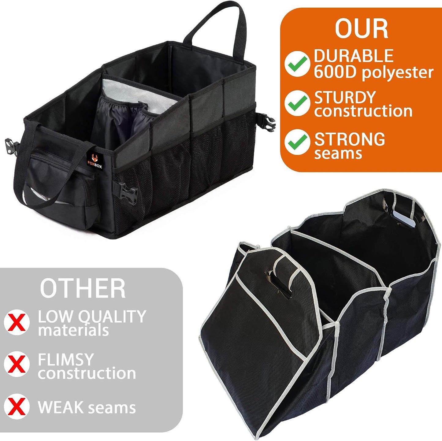 FoxBox Car Seat and Trunk Organizer, SUV Front or Back Seat Storage - Passenger Floor, Under or Between Seats Organization, Car Gifts for Men and Women (Black)