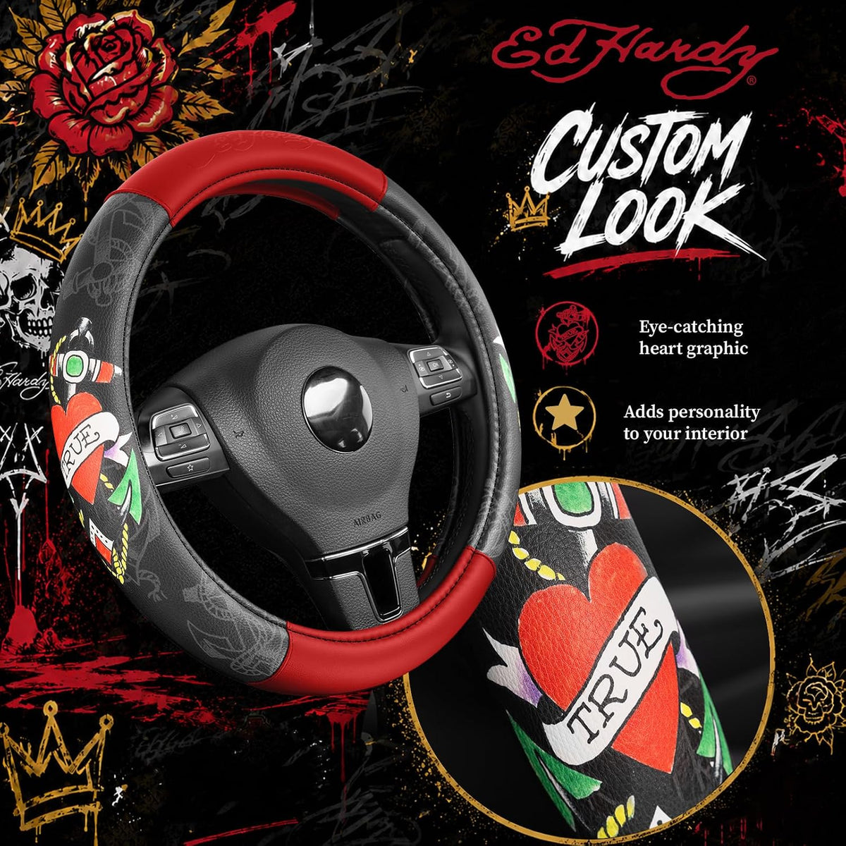 ED HARDY Heart Print Steering Wheel Cover, Red Leather Universal Car Streeing Cover, Fits 14.5-15.5 Inch Steering Wheels, Anti-Slip Comfortable Grip, Durable Auto Interior for Cars, SUVs, Trucks