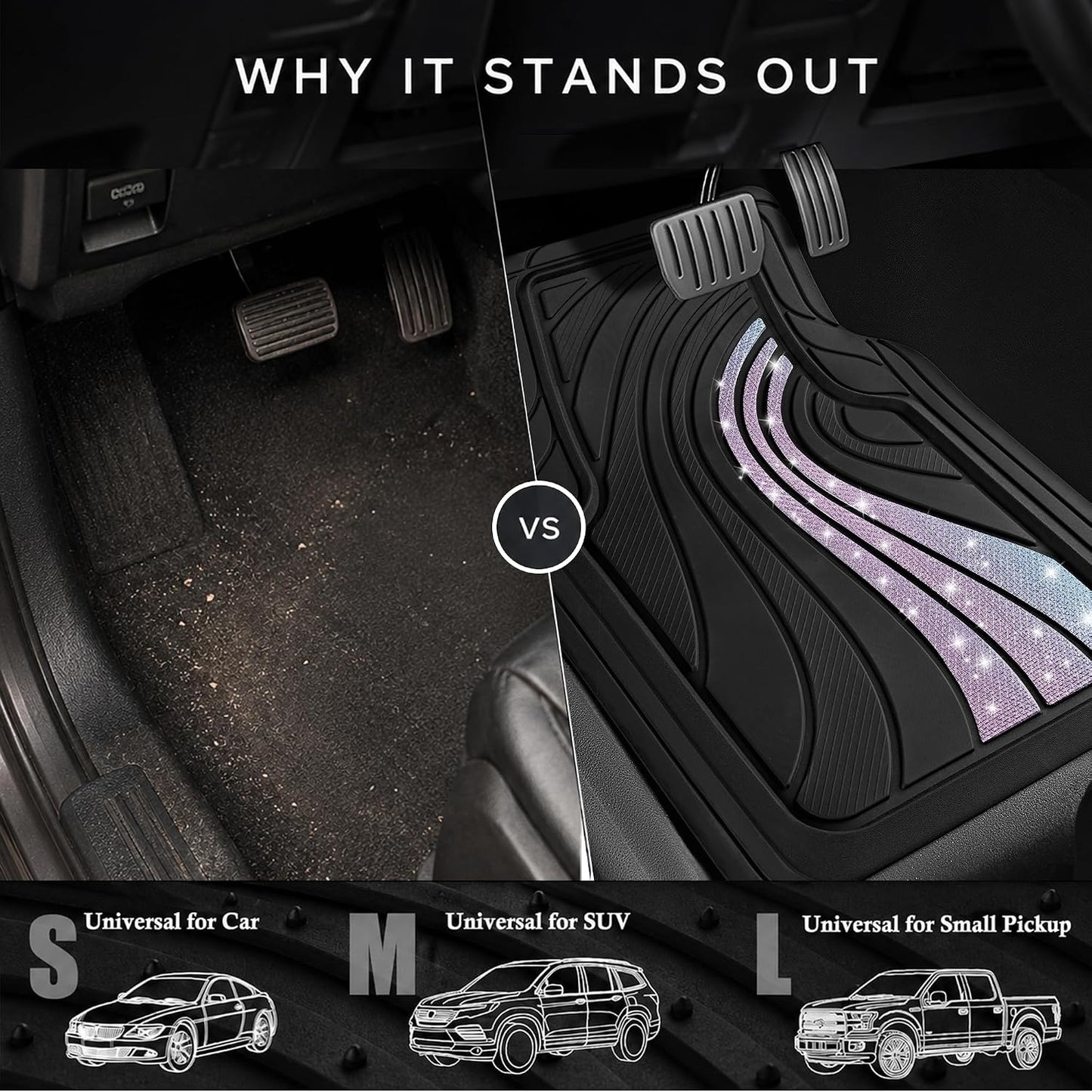 Road Comforts Car Floor Mats Full Set – Front & Rear Car Floor Mats with Aluminum Design, Anti-Slip Backing, All-Weather Protection, Trim-to-Fit Car Mats for Most Sedans, SUVs & Vans - Glitter
