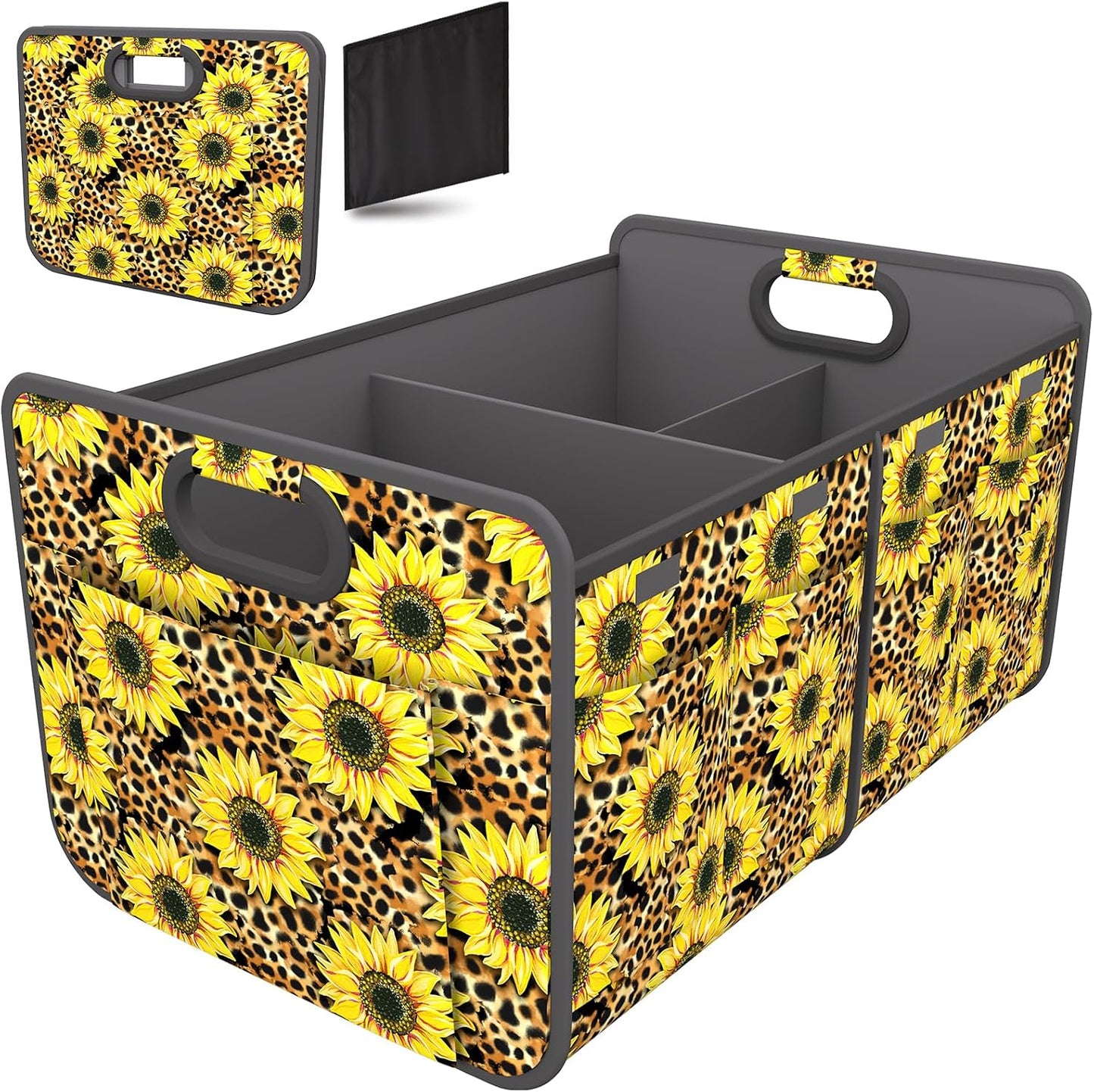 Homeve Car Trunk Organizer for SUV, 18.5Gal Large Capacity No-Sag Heavy Duty, Foldable Waterproof Anti-Slip Storage with 12 Pockets, Fit Sedan, Truck, Universal Car Accessories,Sunflower Leopard Print