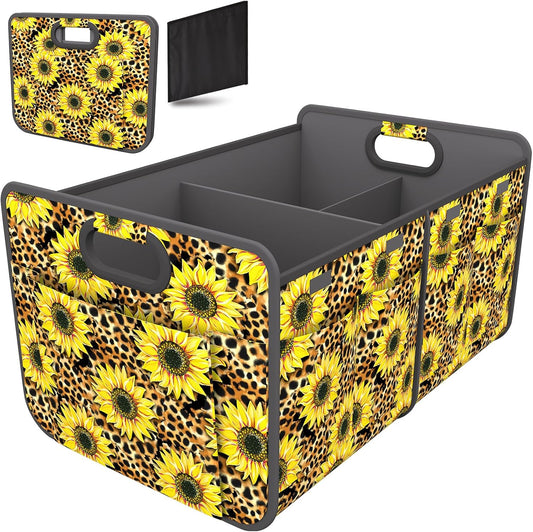 Homeve Car Trunk Organizer for SUV, 18.5Gal Large Capacity No-Sag Heavy Duty, Foldable Waterproof Anti-Slip Storage with 12 Pockets, Fit Sedan, Truck, Universal Car Accessories,Sunflower Leopard Print