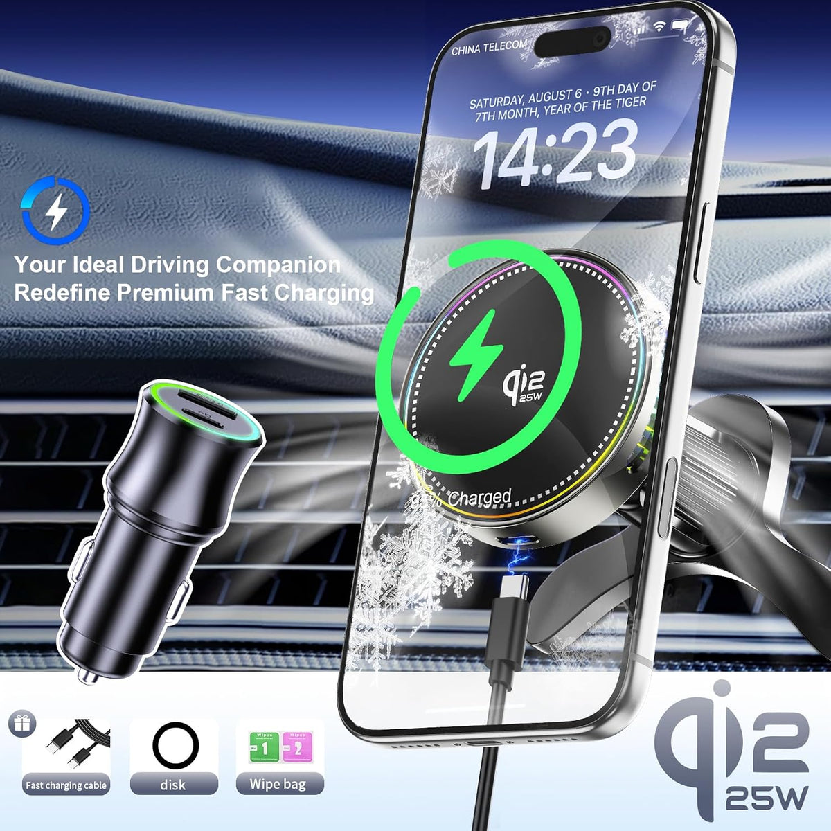 Qi2.2 25W Fast Charging Car Mount Charger, MagSafe Magnetic Phone Holder