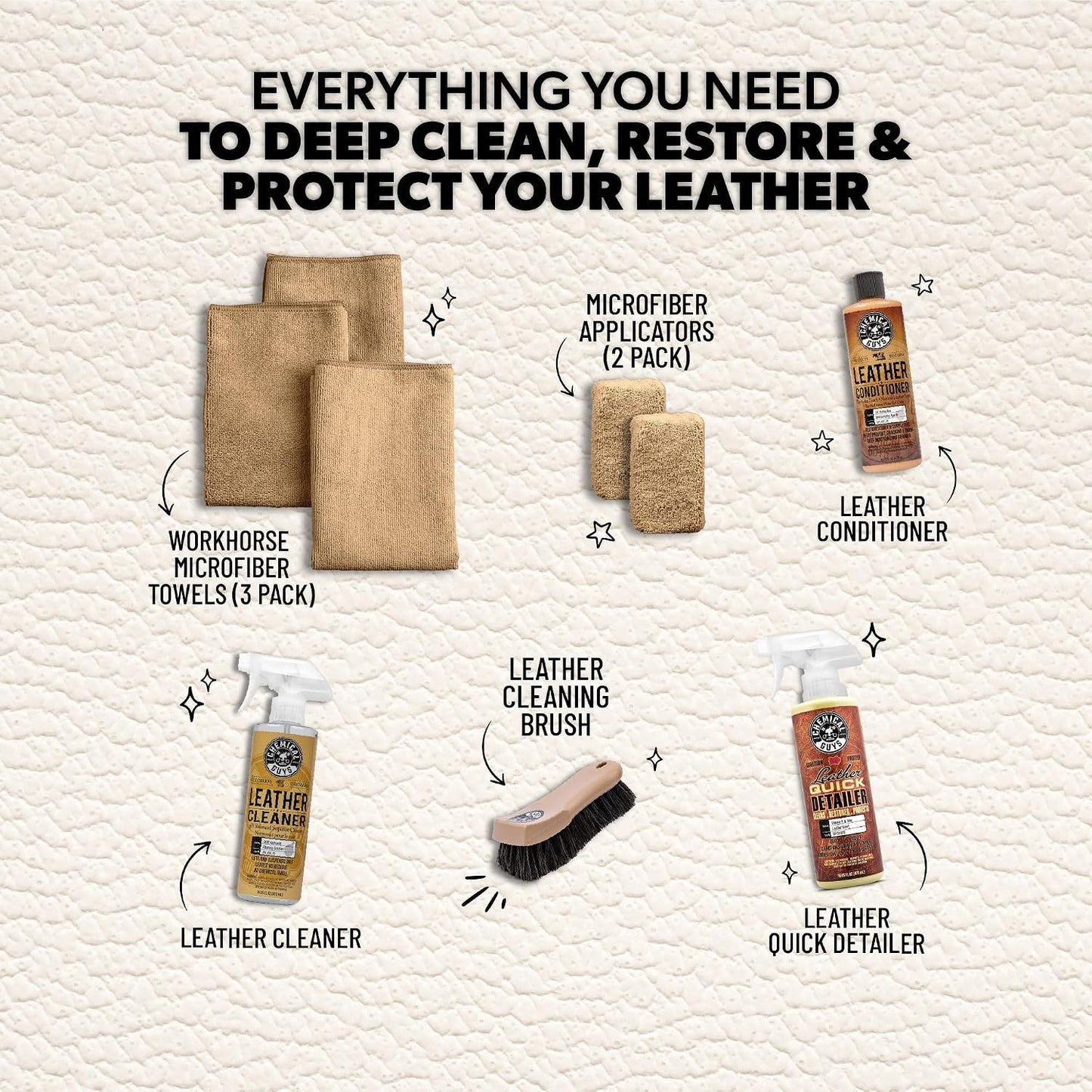 Chemical Guys, 9-Piece Leather Cleaner &amp; Conditioner Kit for Car Interiors | Cleans then conditions seats, furniture, jackets and boots, brushes and towels included for many leather types