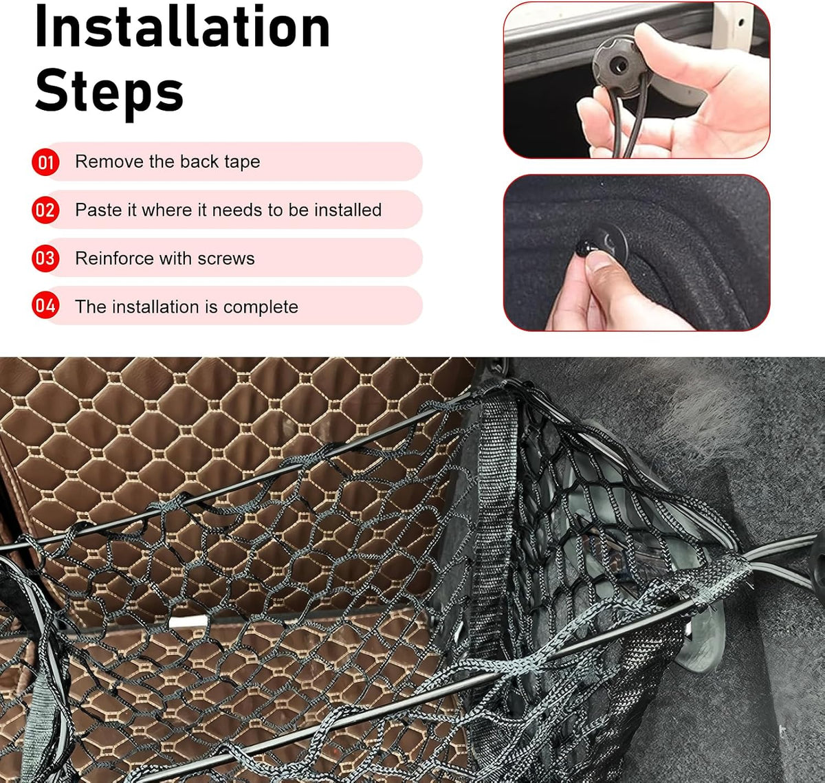 Cargo Net, Stretchable Cargo Net for SUV, Adjustable Elastic Trunk Storage Net with 4 Hook, 3 Pocket Heavy-Duty Mesh Storage Organizer, Universal for Car, SUV, Pickup Truck, Van Trunk