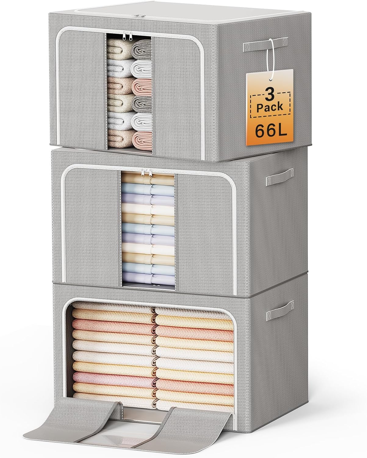 Clothes Storage Bins with Metal Frame Foldable Storage Box Clothes Organizers Storage Containers for Clothes Sheets Blankets Books Toys Gifts and Holiday Decorations (66Lx3 Pack)