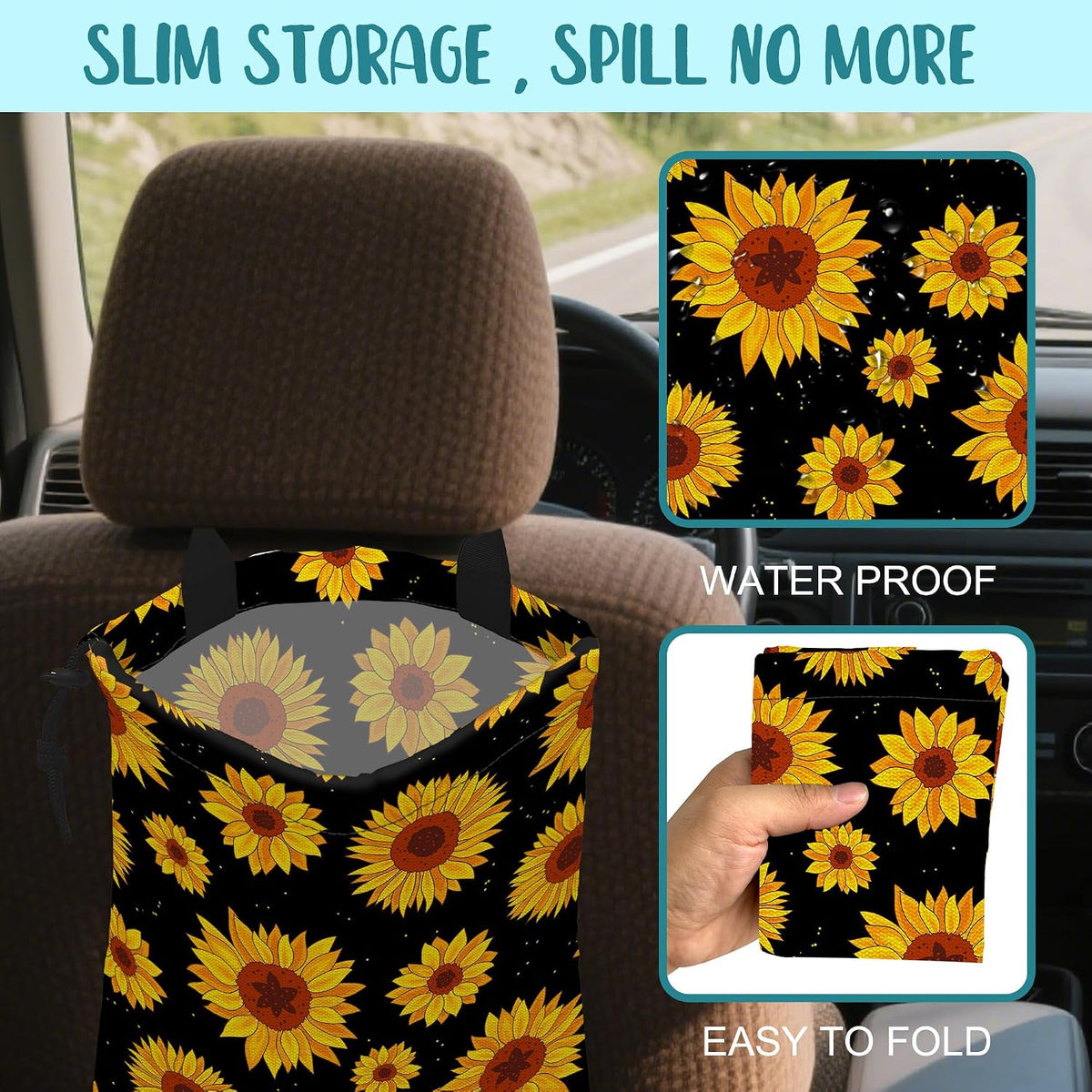 Car Garbage Bag Blooming Yellow Sunflowers Drawstring Car Trash Bag Hanging for Back Seat with Adjustable Buckle Canvas Vehicle Trash Can Easy-to-Install