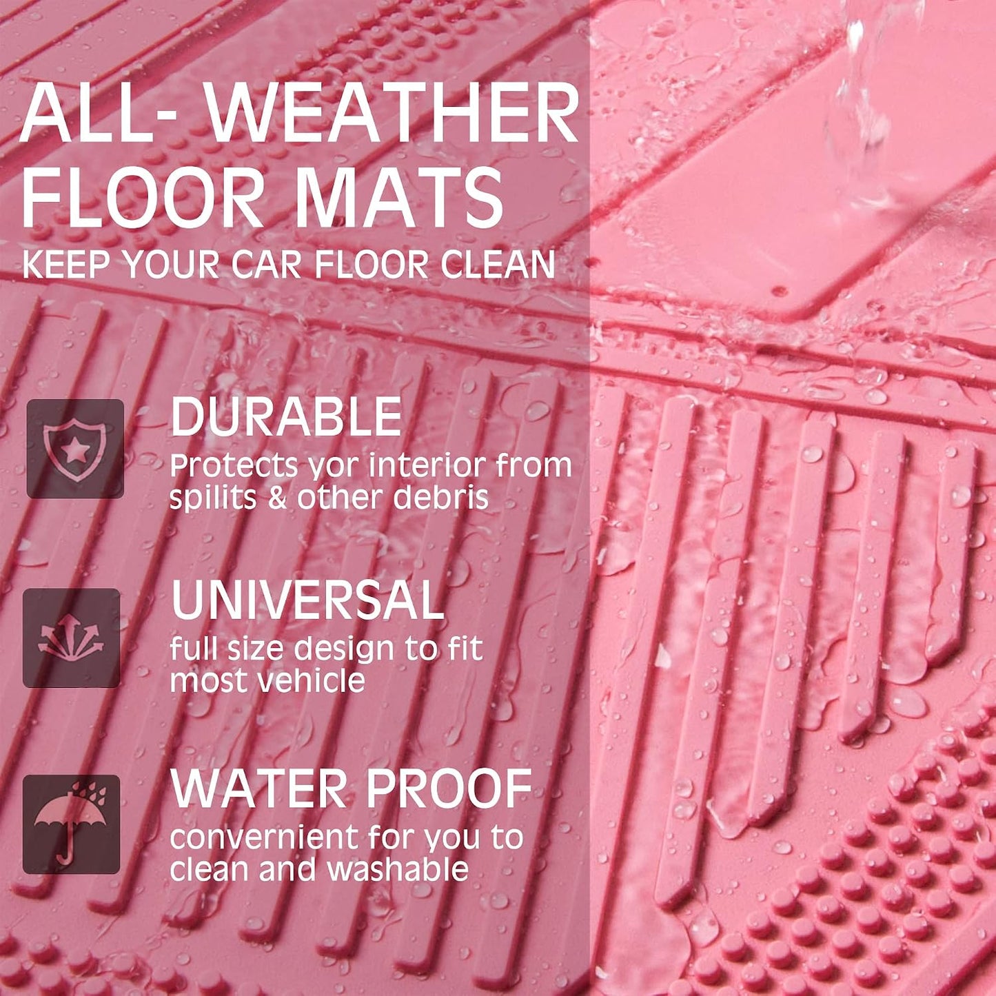 CAR PASS Heavy Duty Rubber Floor Mats 4-Piece,Pink Car Mats Full Sets Anti-Slip,Waterproof Universal Trim-to-Fit for Car SUV Truck, Durable All Weather Automotive Car Mats for Women,Girly(All Pink)