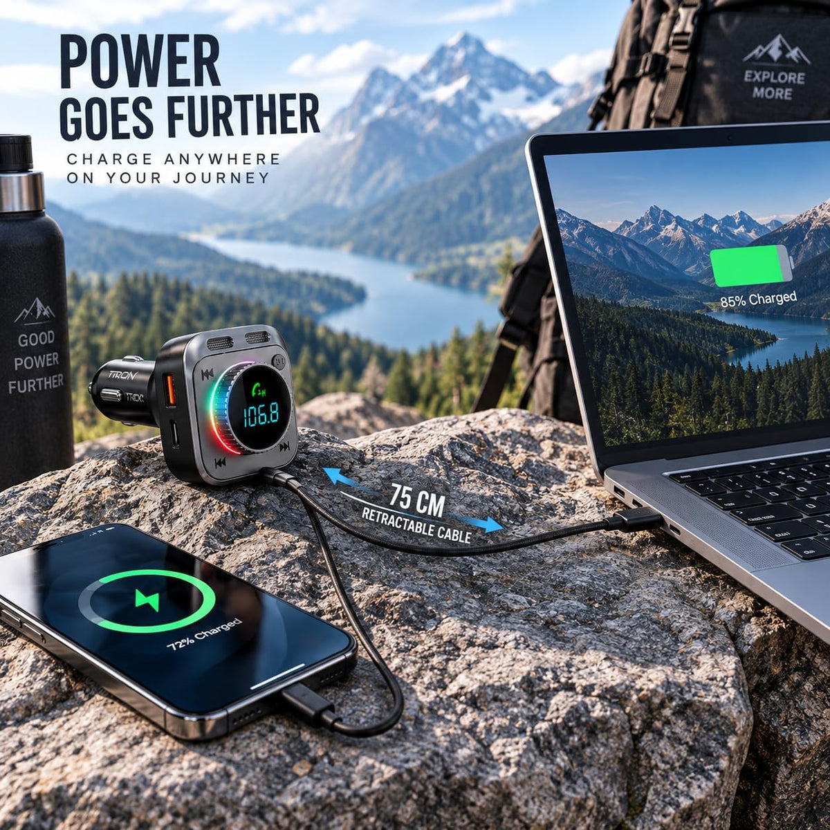 TRON TR128 72W Bluetooth 5.4 FM Transmitter Car Charger, Retractable USB-C Cable, Hands-Free Calling, Hi-Fi Bass, USB-C& A Ports, 12V-24V Compatible