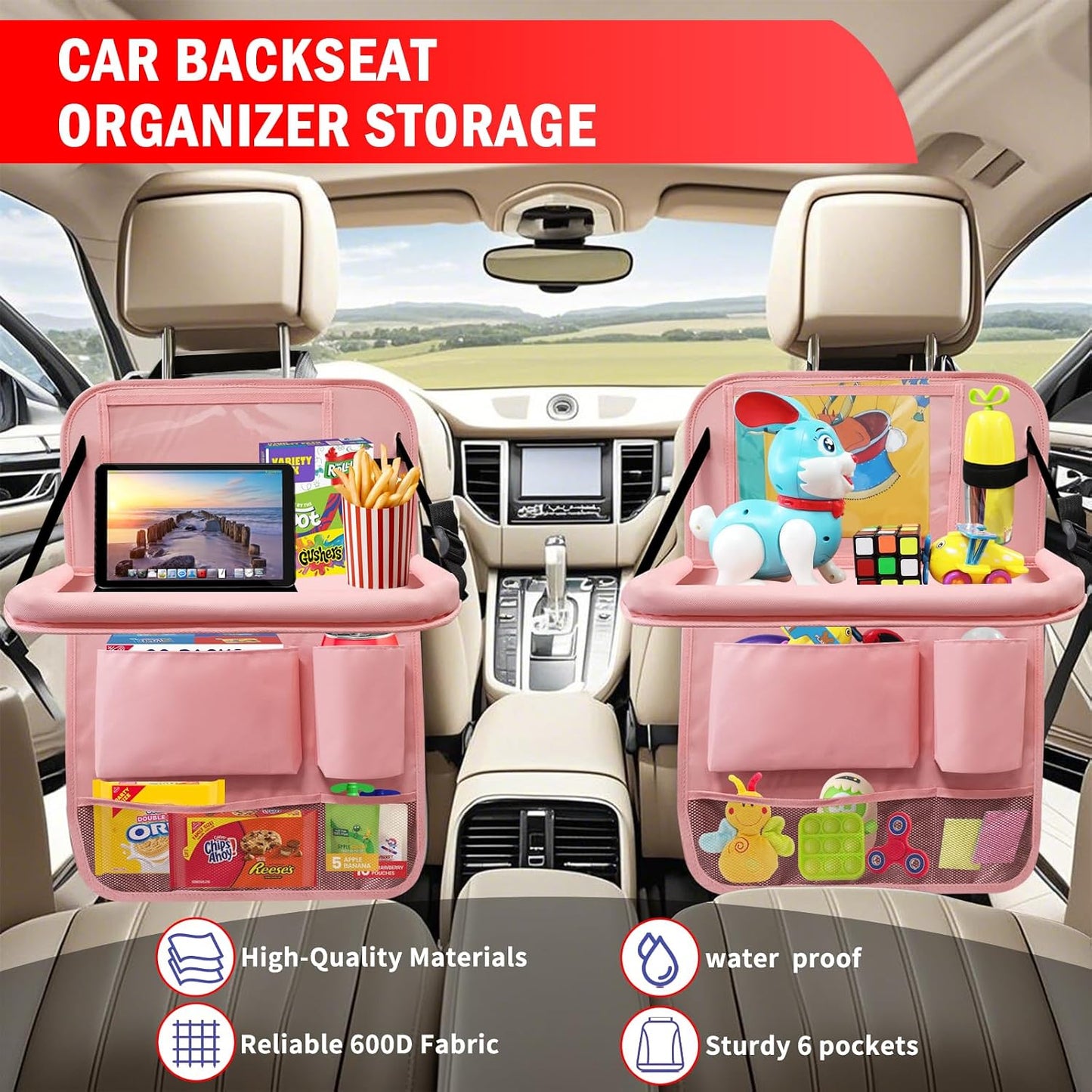 2Pack Car Backseat Organizer with Foldable Table Tray,6 Storage Pockets Car Storage Organizer with Tablet Holder,Car Seat Back Protectors Kick Mats Travel Accessories (Pink)