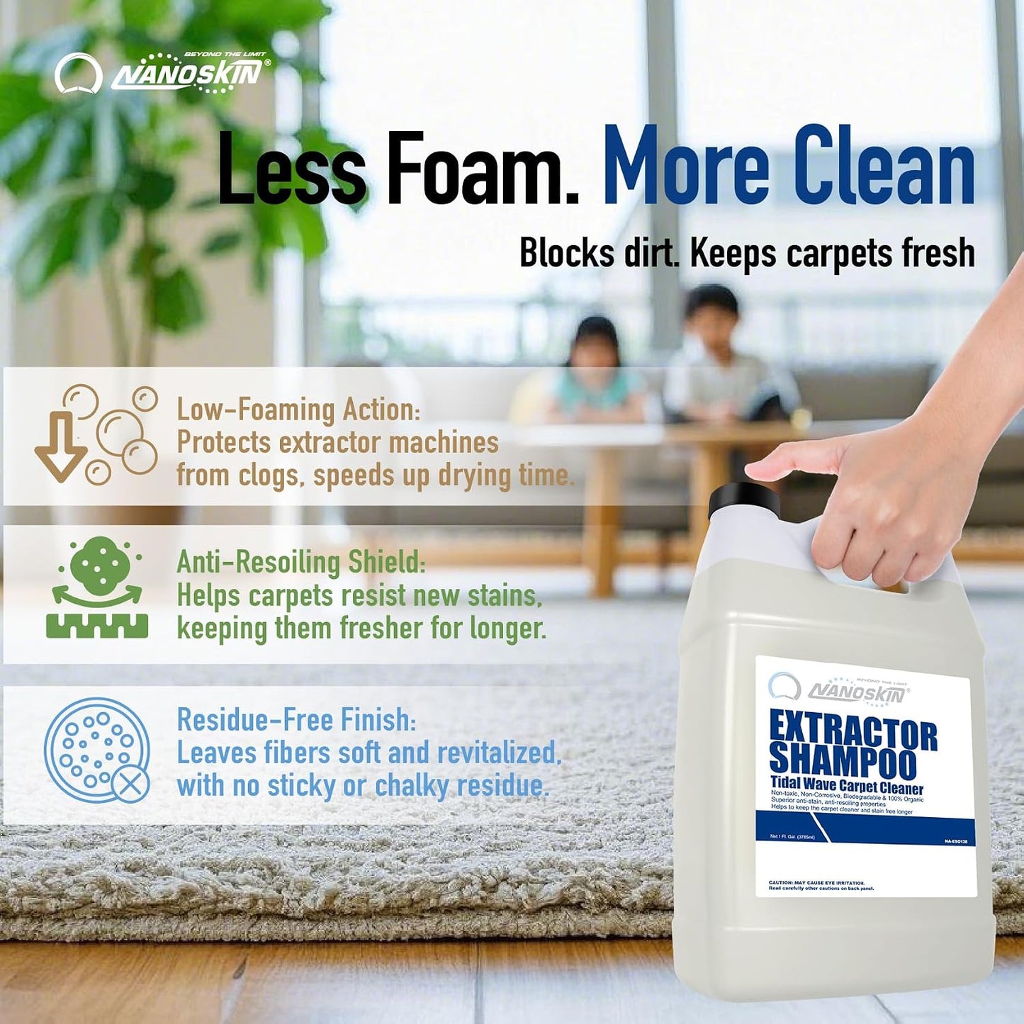 Nanoskin EXTRACTOR SHAMPOO Low Foaming Carpet Cleaner 1 Gallon - Machine Use Upholstery Cleaner, Stain Remover & Odor Eliminator on Rug Car Upholstery Carpets | For Automotive, Home, Office & More