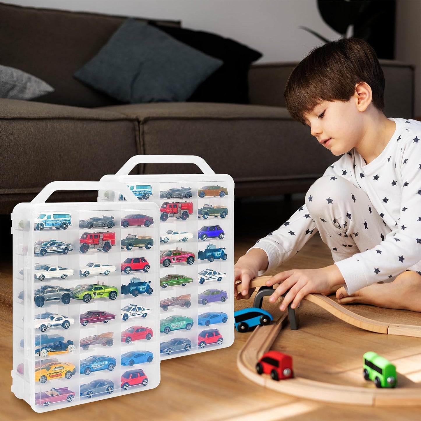 Double Sided Toy Car Storage Case for 48 Diecast Cars, Matchbox Cars, Small Dolls, Portable Storage Case for Toy Cars, Matchbox Cars with 46 Slots, Case Only