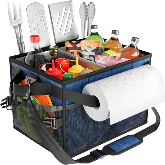 FANGSUN Large Grill and Picnic Caddy with Paper Towel Holder, BBQ Organizer for Utensils, Plates, Condiments, Collapsible & Easy-Carry Griddle Caddy, Must-Haves for Outdoor, Camper, Travel, Car, RV