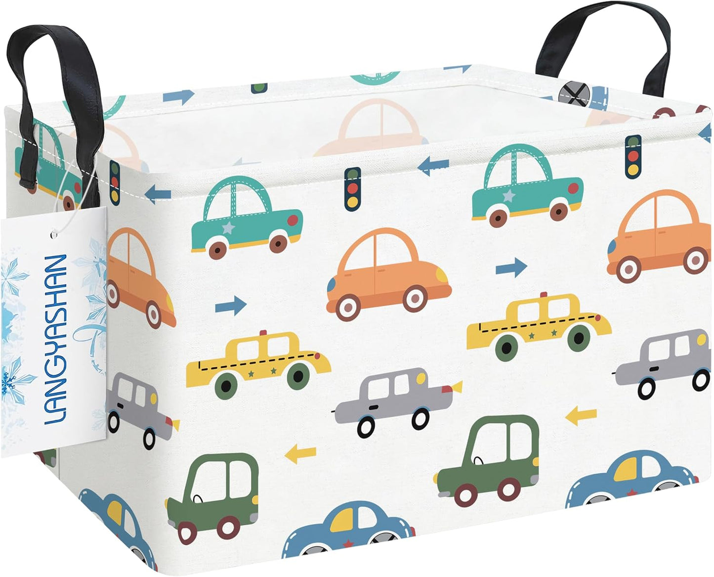 Rectangular Collapsible Color Cars Storage Basket Nursery Organizer | Storage Bin Foldable Canvas with Handles for Organizing Home Kitchen Children Toys Office Closet Shelf Baskets