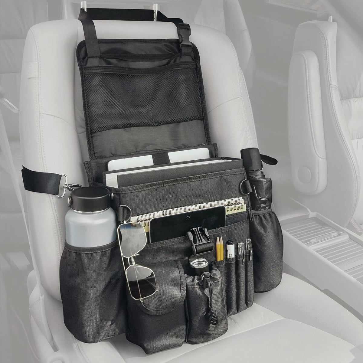 FifthQuarter Car Organizer Front Seat: Portable Large Capacity Car Organizers and Storage With Laptop Storage Adjustable Strap Seat Organizer Universal For Police | Driver | Office | Travel | Truck