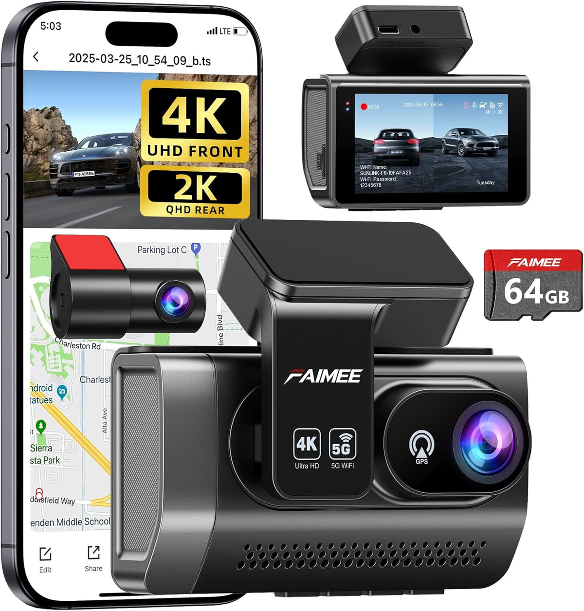 FAIMEE 4K Dash Cam Front and Rear, Night Vision, WDR, Free Card Included