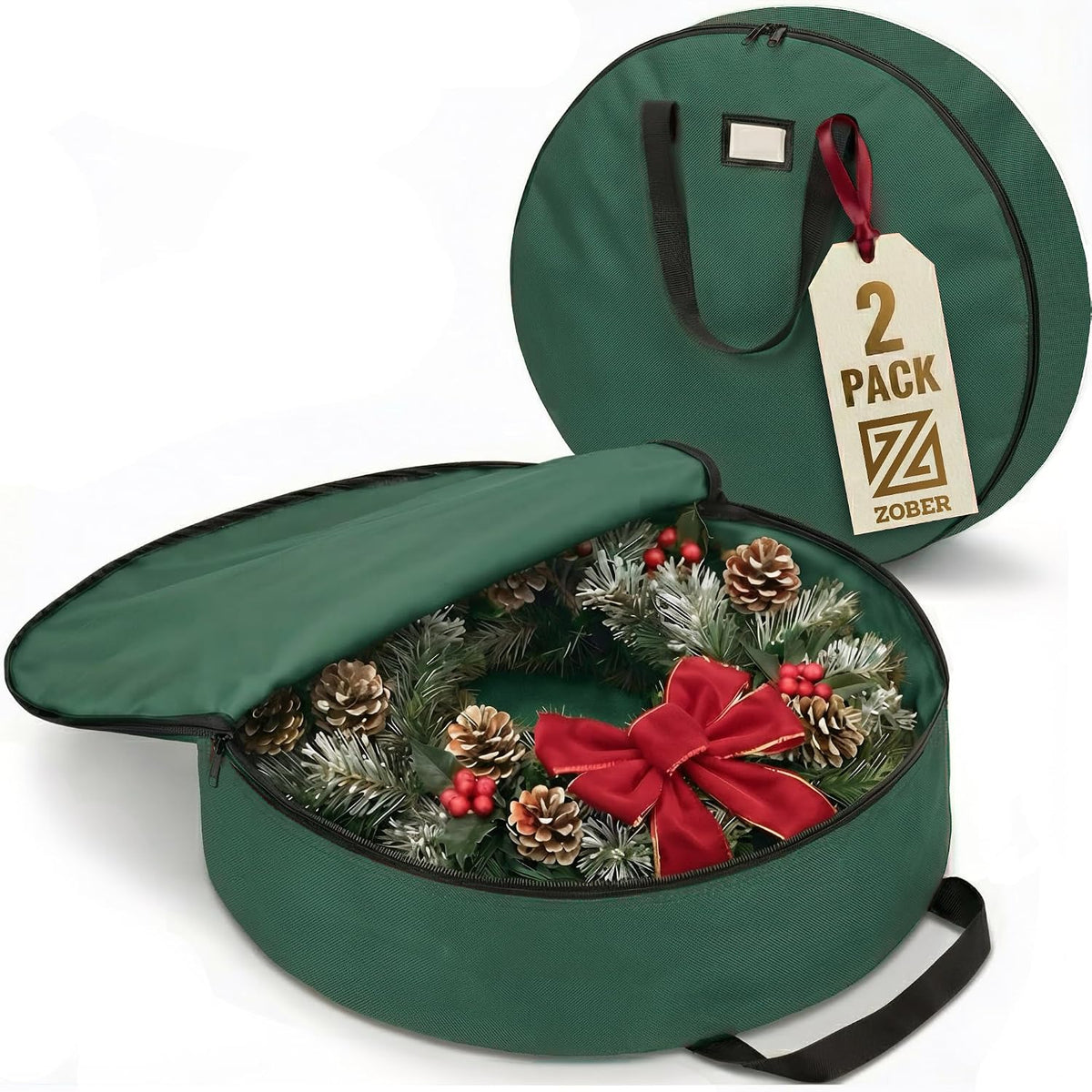 ZOBER 2 Pack Oxford Christmas Wreath Storage Container 36 Inch - Wreath Bag for Artificial Wreaths Box - Waterproof Fabric, Dual Zippered Wreaths Storage Bag With Strong Durable Handles - Black