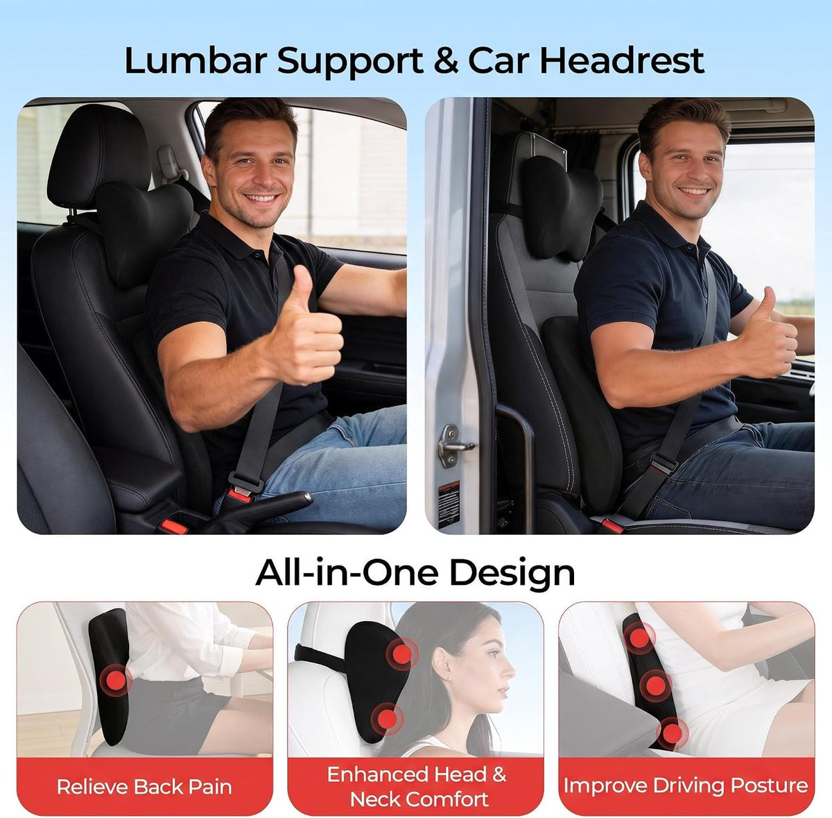 Car Headrest & Lumbar Support Set, Ergonomic Memory Foam Neck Pillow, Comfortable Travel Pillow for Car Truck SUV, Ideal for Long Driving (Gray) (Black)
