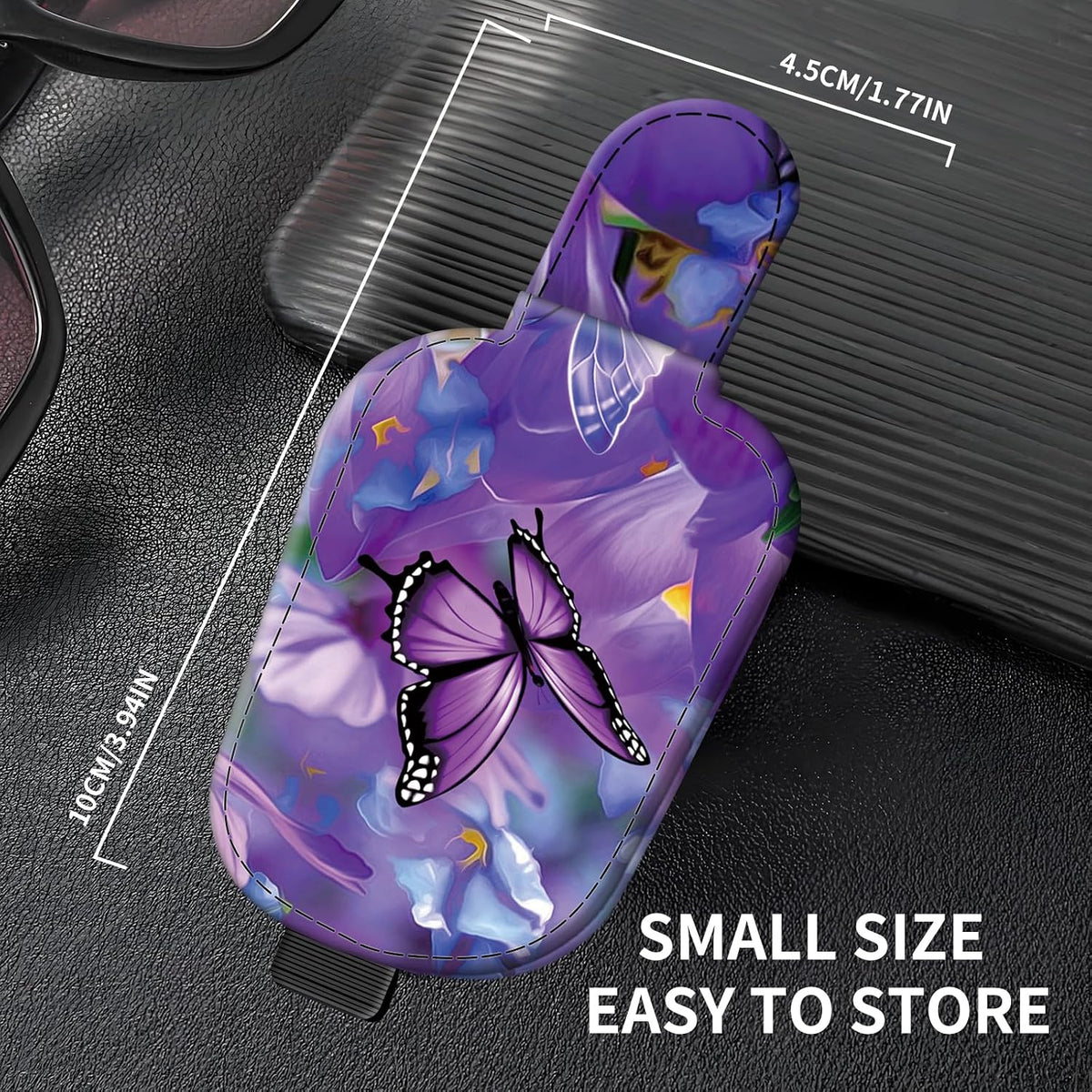 Leather Magnetic Sunglass Holder for Car Sun Visor, Cute Eyeglass Ticket Card Hanger Clip, Universal Auto Interior Accessories for SUV Pickup Truck, Purple Floral