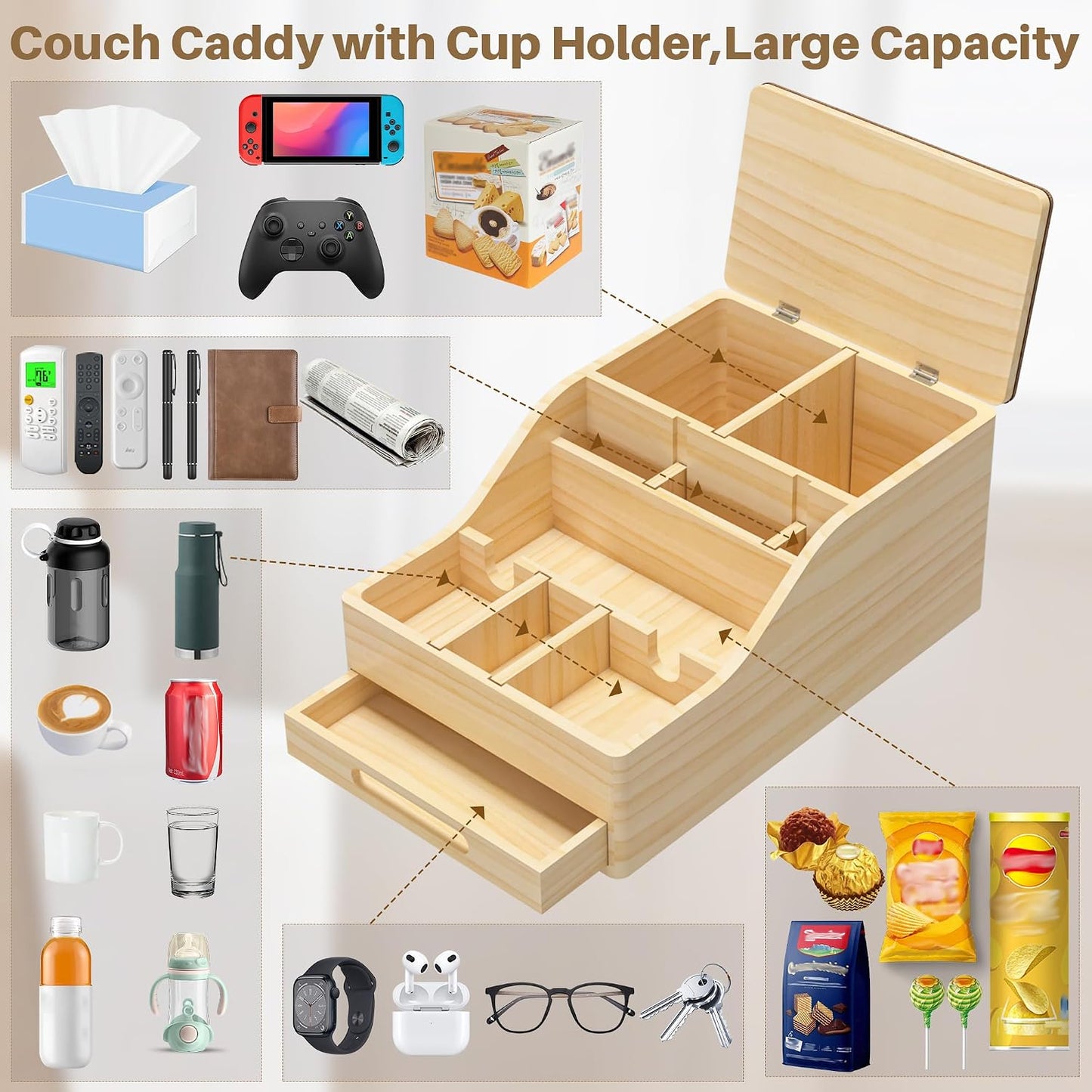 Couch Caddy with Cup Holders, Sofa Table with Flip Top Push-Pull Drawer | Multi-Use Sturdy Pine Wood Hold Hands Couch Cup Holder for Car, Living Room, Bedroom, Vanity