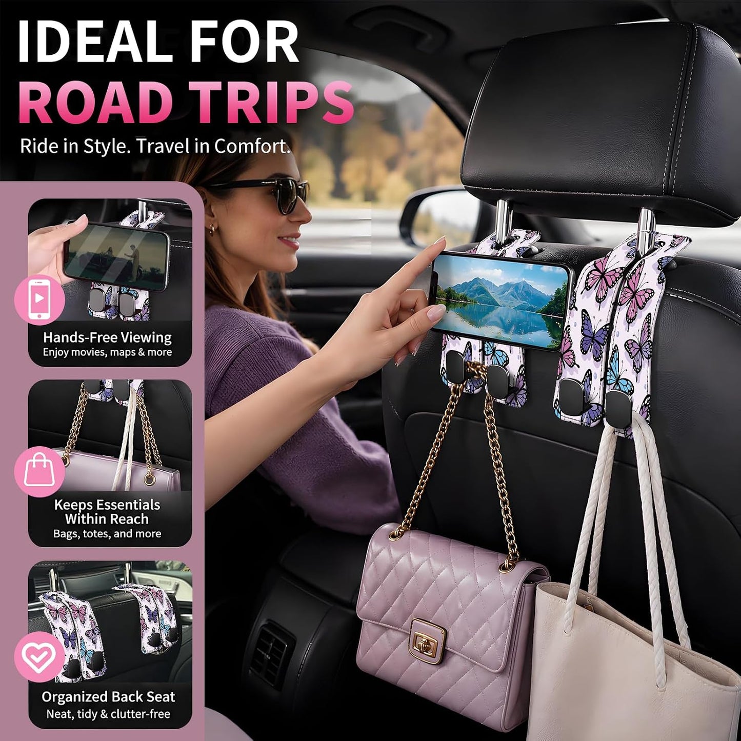 Car Seat Back Storage Hook, Funny Car Purse Hook, Cute Vehicle Storage Organizer for Purses Handbags Purple Pastel Butterfly