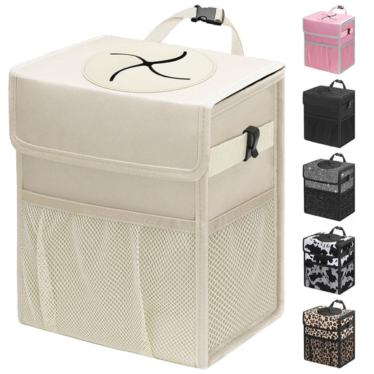 Capolo Car Trash Can with Lid, Leakproof Car Trash Bag Hanging Waterproof Automotive Garbage Can with Storage Pockets Mini Vehicle Trash Bin for Back/Front Seat(Beige,2.5 Gallon)