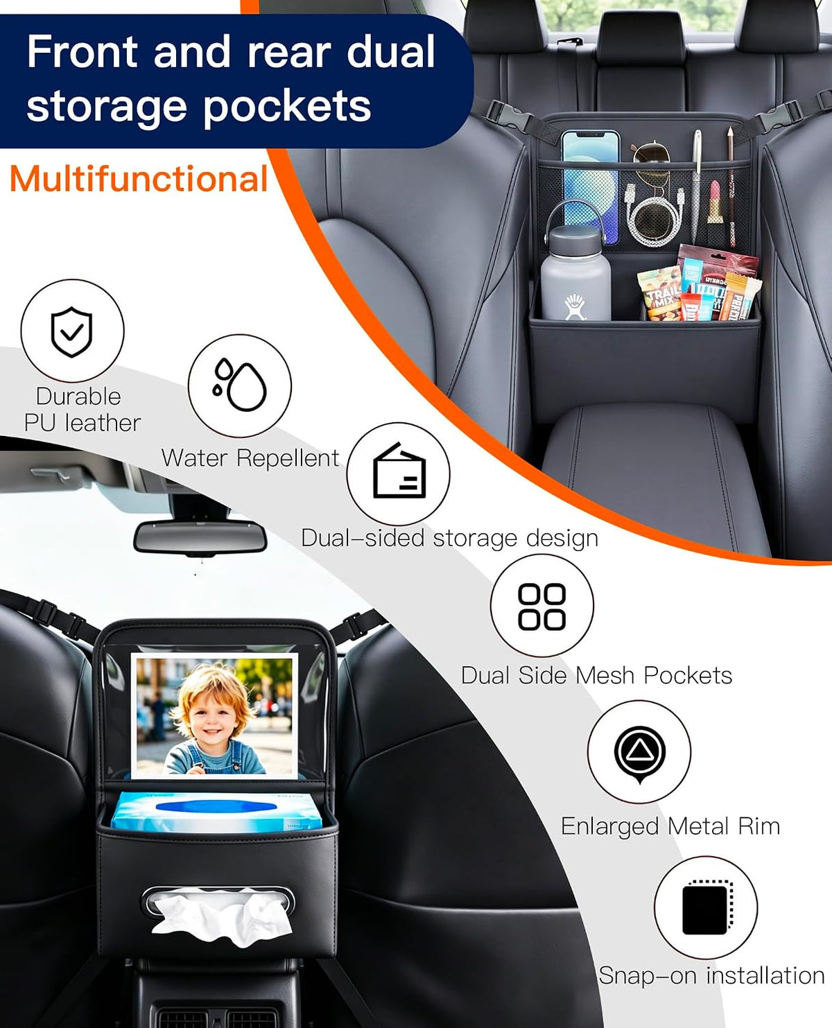 Divided Car Purse Holder - PU Leather Between Seats Storage Bag | Backseat Tissue Box Cover & Tablet Pocket, Front Handbag Organizer for Small Wallet & Water Bottle, Hanging Car Accessories