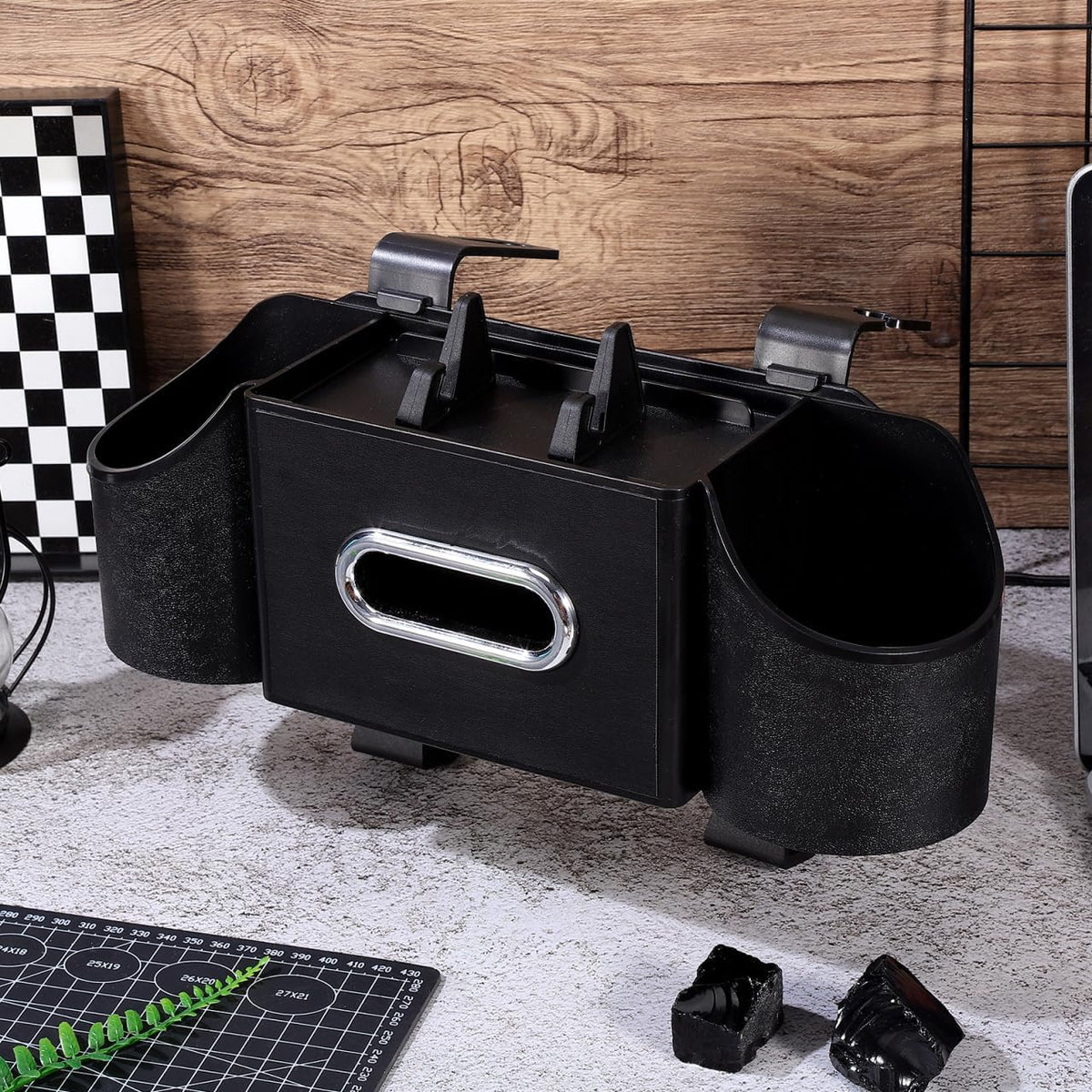 Ciieeo 4 in 1 Backseat Car Organizer with Cup Holder Tissue Box and Hooks Multifunctional Seat Back Storage Box for Road Trip Travel Accessories Universal Auto Headrest Holder