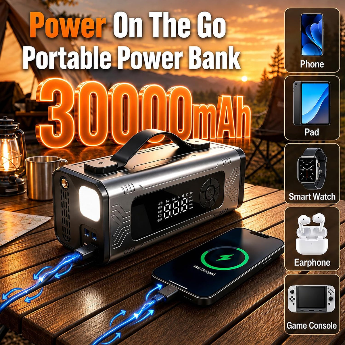 9000A Portable Battery Car Battery Jump Starter with Air Compressor, 160PSI Tire Inflator, 6500Pa Car Vacuum, 3-Mode LED Light & 30000mAh Power Bank, Roadside Emergency for Family Travel, SUV, Truck