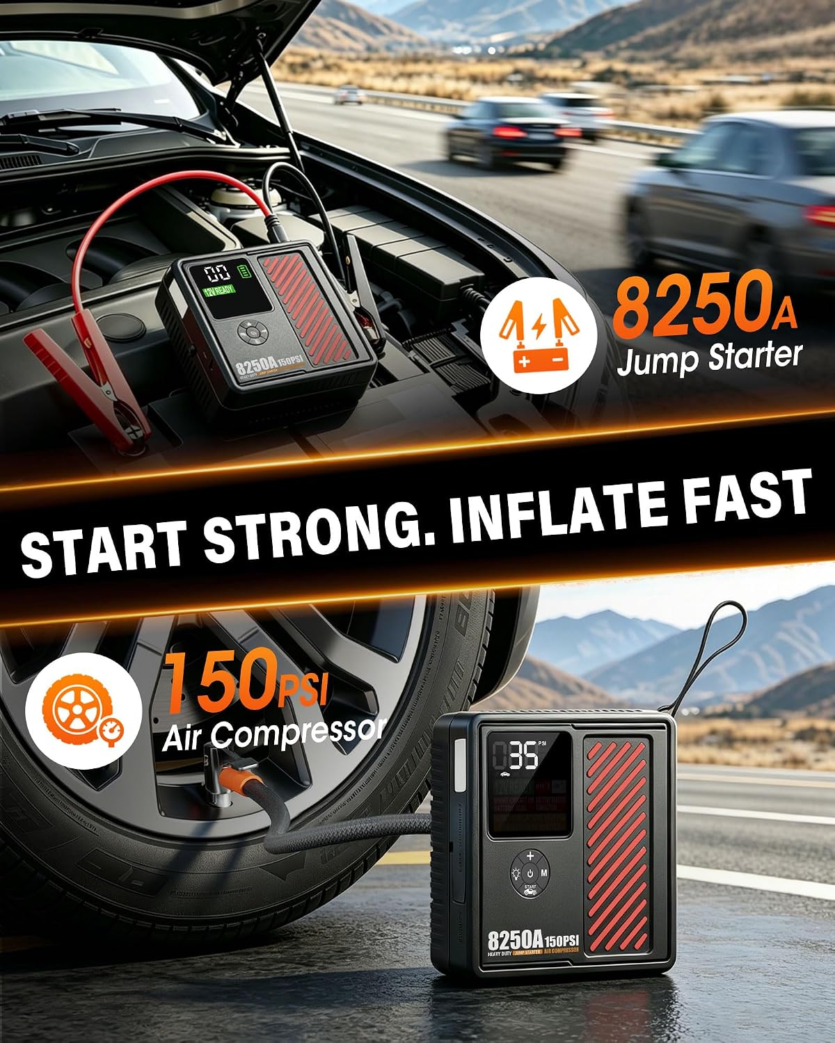 JFEGWO 8250A Jump Starter with 150PSI Air Compressor, 12V Battery Booster