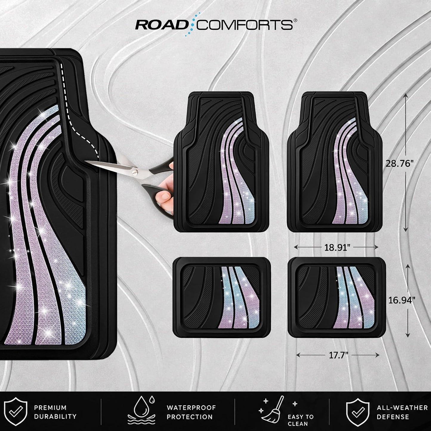 Road Comforts Car Floor Mats Full Set – Front & Rear Car Floor Mats with Aluminum Design, Anti-Slip Backing, All-Weather Protection, Trim-to-Fit Car Mats for Most Sedans, SUVs & Vans - Glitter