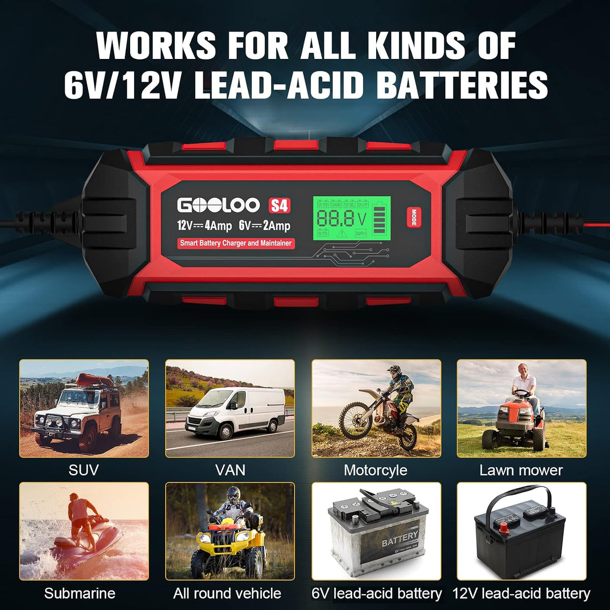 GOOLOO S4 4A Car Battery Charger, 6V/12V Smart Trickle Charger Maintainer