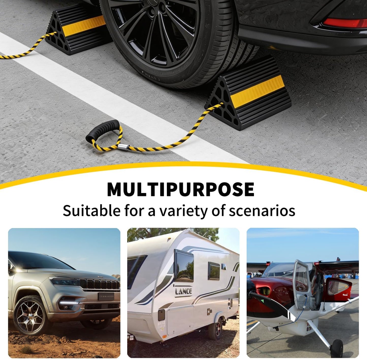 Vacallity Update Wheel Chocks for Trailer 4pc Heavy Duty Rubber Wheel Chocks with seprate Handle Rope&Yellow Reflective Tape Tire Chock Blocks for Cars Trucks Aircraft RV Camper Trailer Accessories