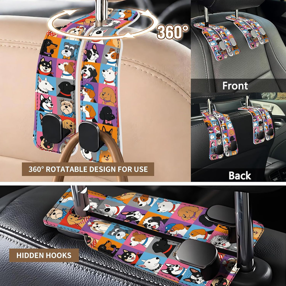Leather Purse Hook for Car, Universal Cute Car Seat Headrest Hooks, Heavy Duty Vehicle Organizer for Handbags, Funny Car Interior Accessories Cute Colorful Dogs