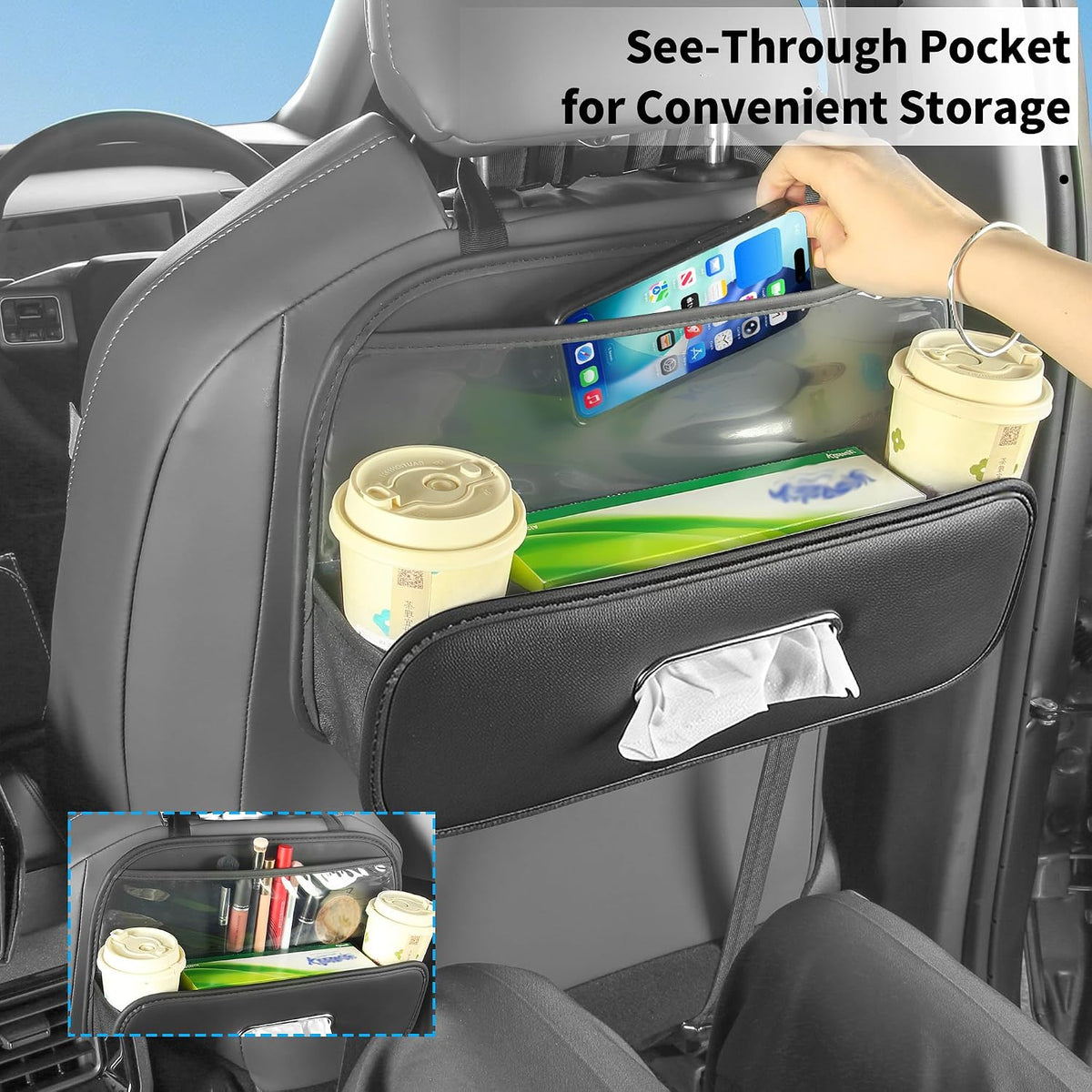 Back Seat Car Organizer with Tissue Holder and 2 Pack Cup Holders