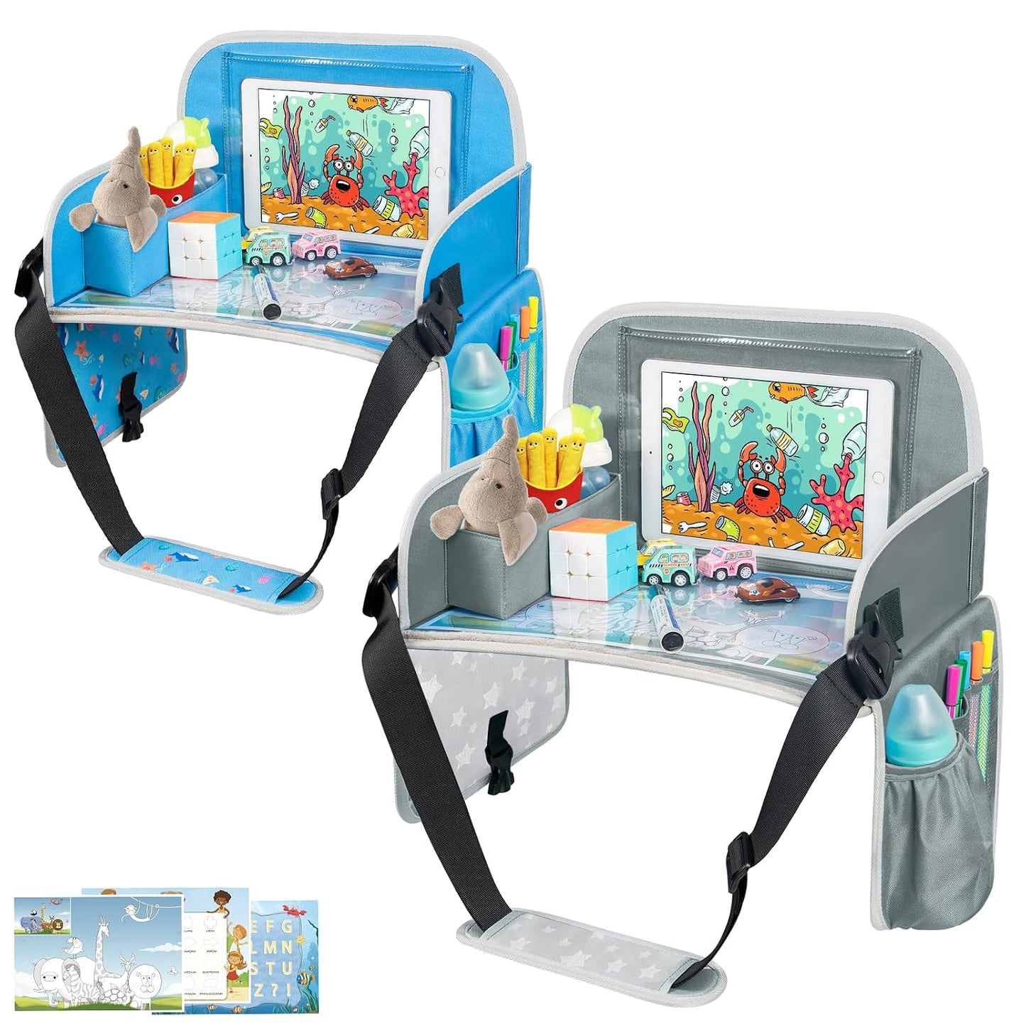 MENZOKE Kids Travel Tray, Car Seat Tray for Kids Travel, Toddler Essentials | Road Trip Activities Accessories with Tablet Holder, Cooler Cup Holder, Dry Erase Board & Storage Pocket for Airplane, Blue