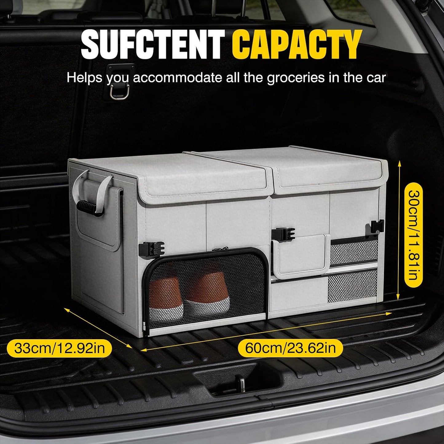 Foldable Car Trunk Organizer with Multi-Compartment – Expandable 30-60L Storage Bin, Side Mesh Pockets, Waterproof 600D Oxford Cloth, Car Accessories for SUV/Truck/Sedan, Grey, 23.6"x13.0"x11.8"