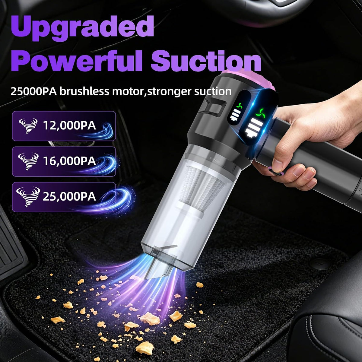 Wansimoo Handheld Car Vacuum Cleaner,25000PA Strong Cyclonic Suction Car Vacuum Portable Cordless with Digital Display Mini Vacuum for Car, Home, Office, Kitchen (Purple)