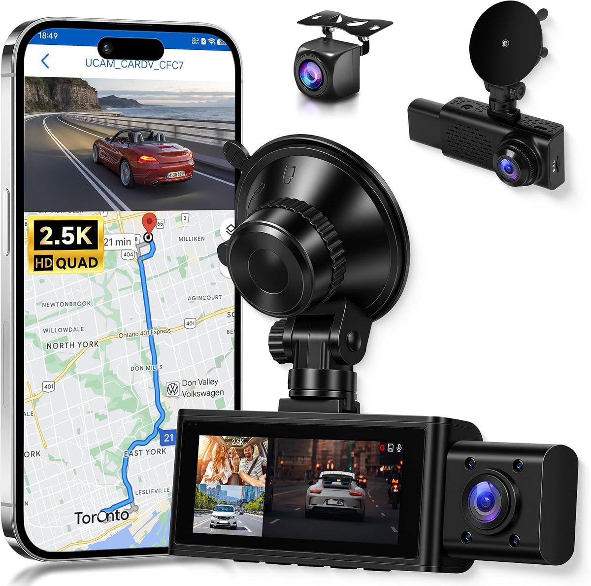 3 Channel Dash Cam 360° Front and Rear Inside, 2.5K Car Camera Recorder, 3.16 Inch Screen with WiFi GPS, Low-Light Night Vision, G-Sensor, 24/7 Time-Lapse Parking Loop Recording