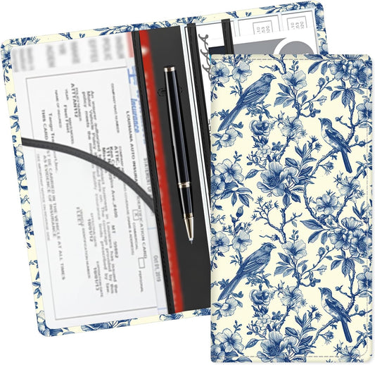Leather Car Registration and Insurance Card Holder, Cute Car Accessories Vehicle Glove Box Car Organizer for Documents, Cards, License Blue White Vintage Floral