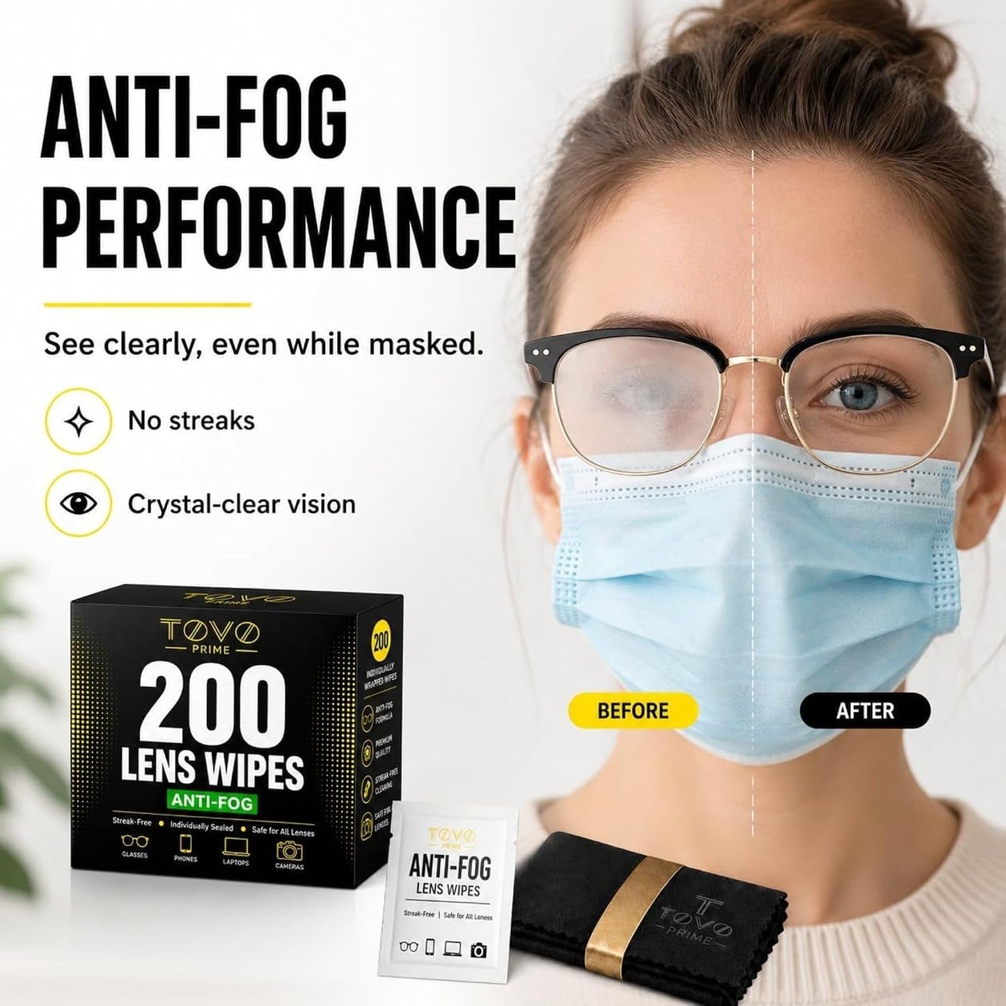 Lens Wipes for Eyeglasses, 200 Count Eye Glasses Cleaner Wipes, Pre-Moistened Individually Wrapped Glasses Cleaner Wipes, Anti Fog Streak-Free Lens Cleaning Wipes for Sunglasses & Screens