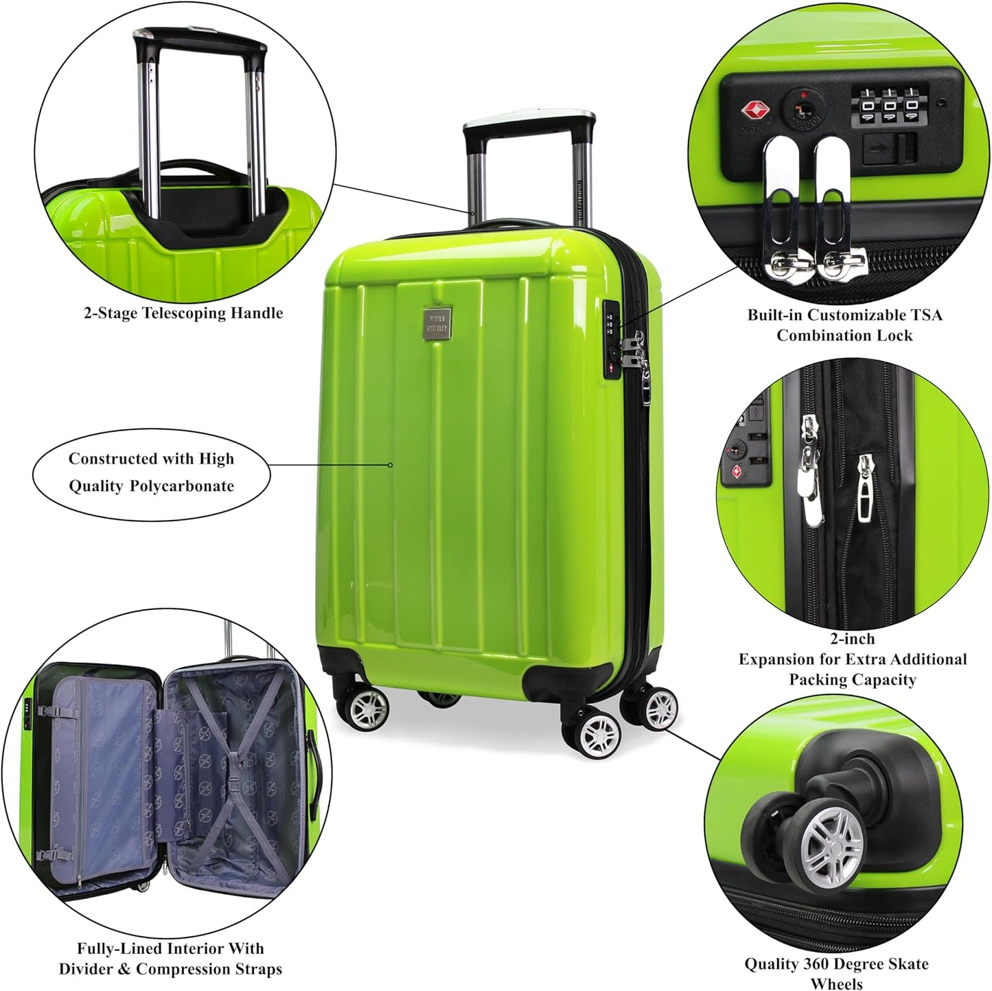 World Traveler Contour 2-Piece Polycarbonate Hardside Expandable Spinner Luggage Set with TSA Lock - Apple Green (20 &amp; 28)