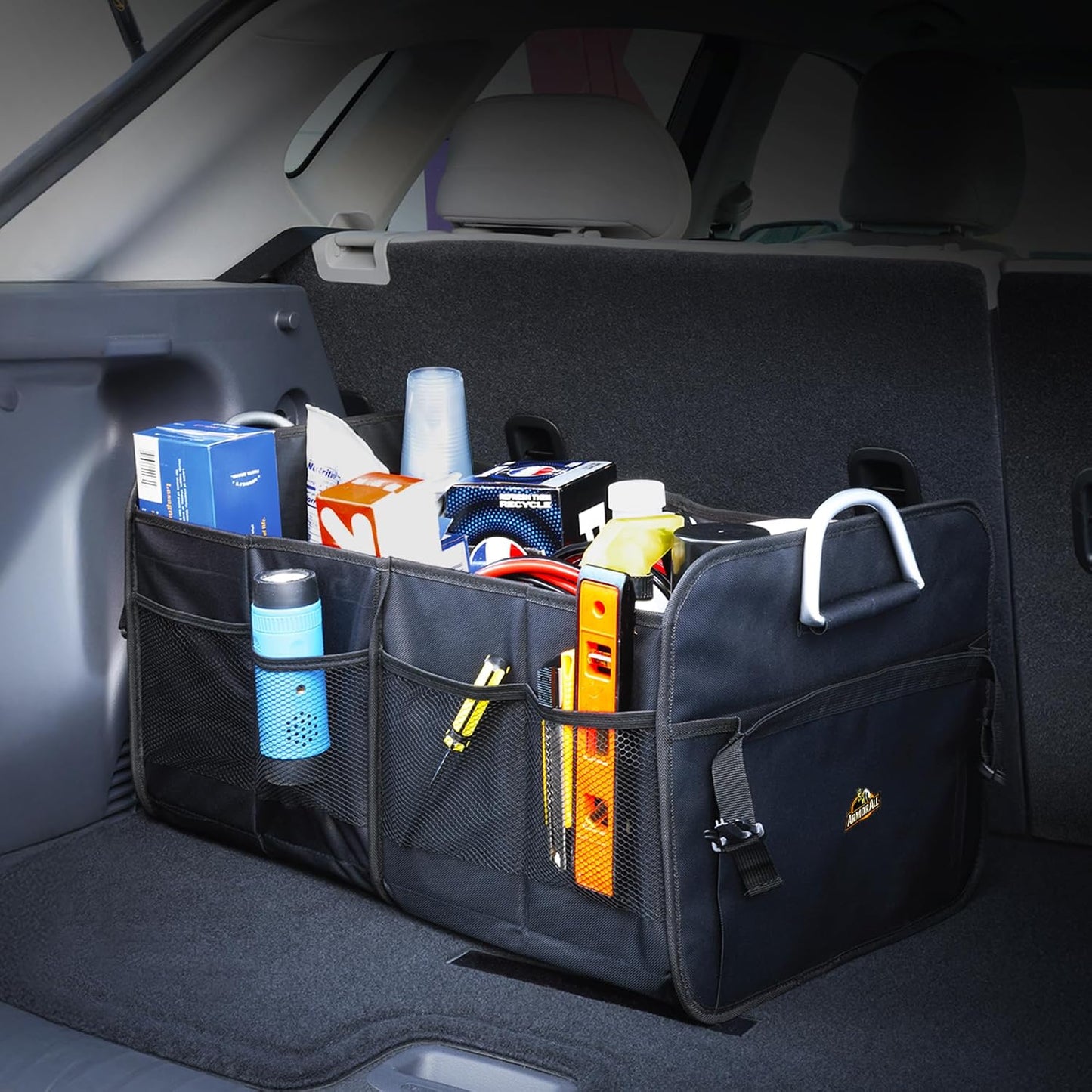 Armor All Car Trunk Organizer, Collapsible Multi-Compartment Car Organizers with Strong Aluminum Handles Foldable and Waterproof, Suitable for Any Car, SUV, Mini-Van, Black