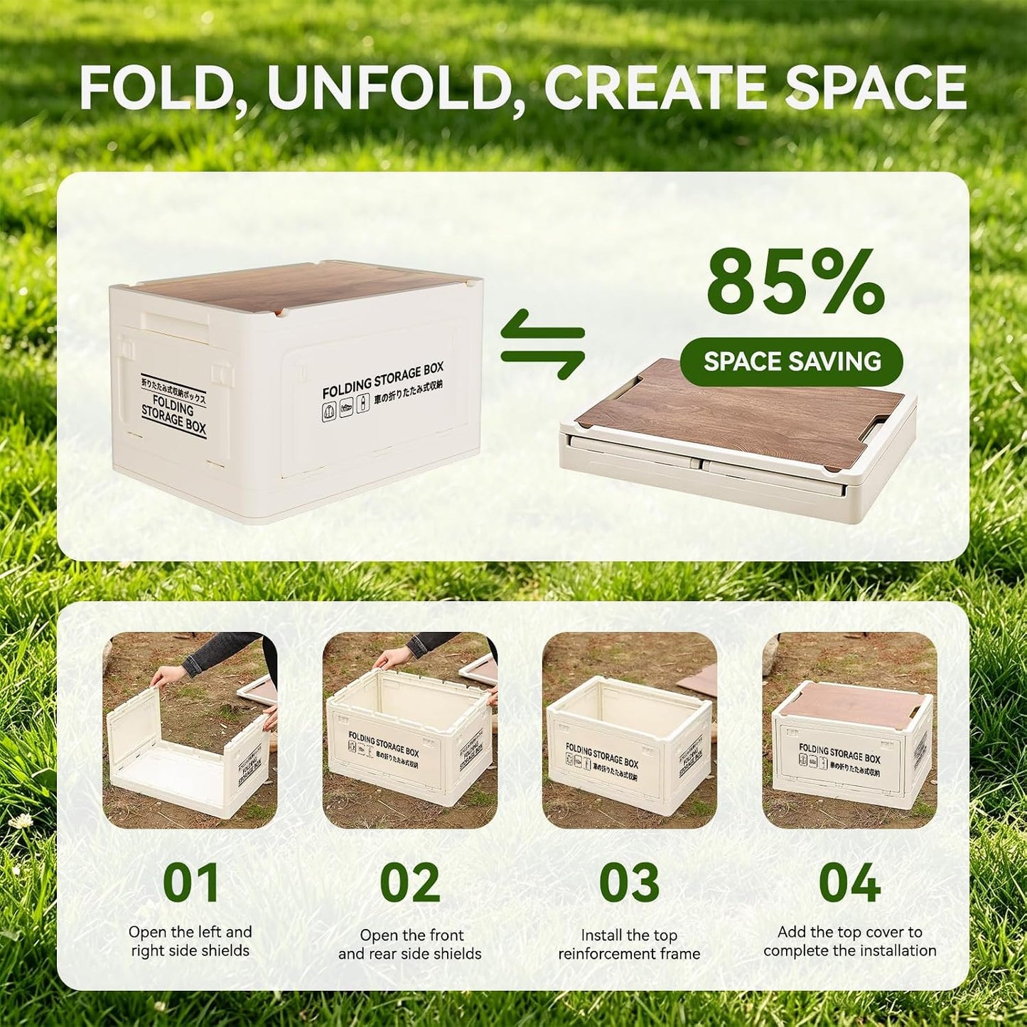 24L Collapsible Storage Bins with Wood-Look Lids, Stackable Utility Storage Containers with Wheels and Handles, Large Folding Storage Boxes for Organizing Tools, Snacks, Books, Drinks, Camping