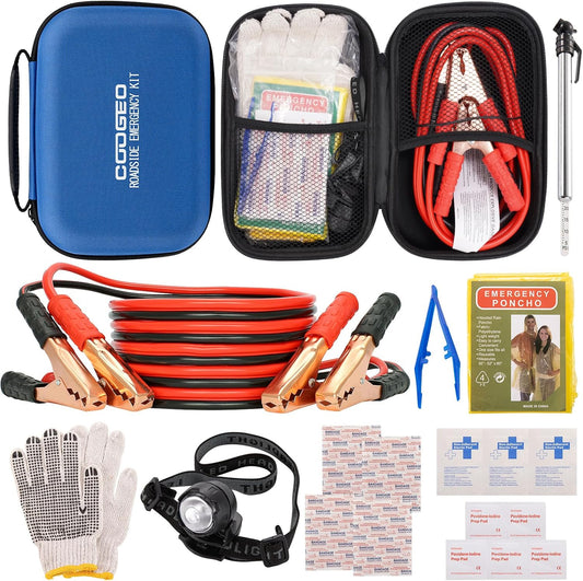 Car Roadside Emergency Kit with Battery Jumper Cables, Blue