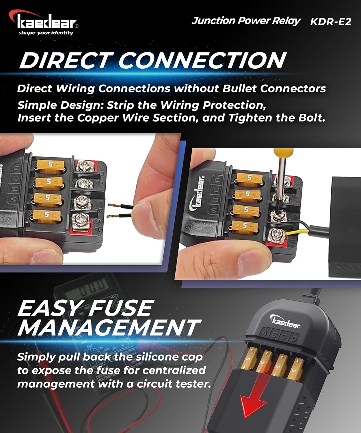 KAEDEAR Motorcycle Power Relay Kit DC12V 20A, Waterproof 4-Way Fuse Block Acc Splitter, Quick-Connect Stripped Wires, 4 Accessory Power Distribution Junction Box - Junction Power Relay KDR-E2